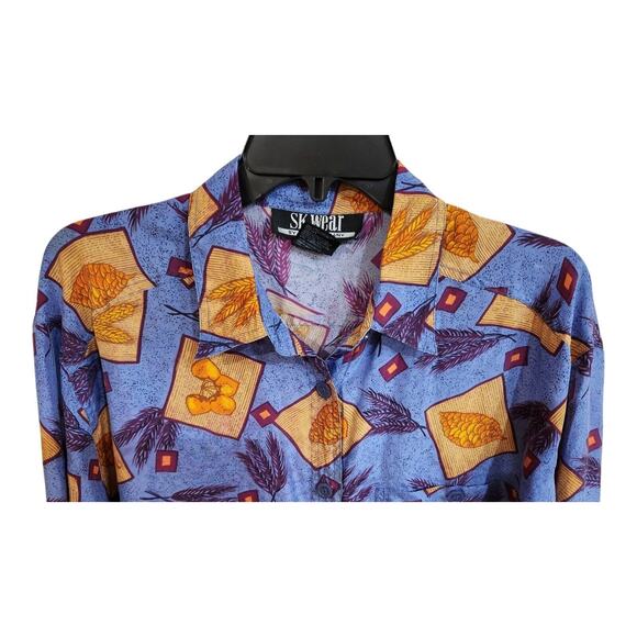 SK & Co Blouse Silk Print Size Large Long Sleeve Collared Button Down Shirt Blue - Picture 3 of 11